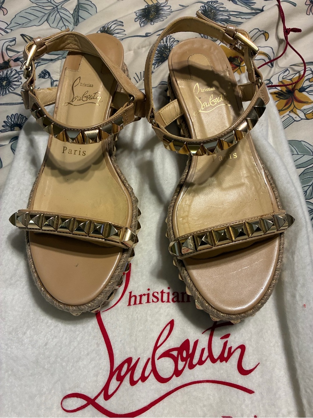 Christian Louboutin Beige Leather Studded Sandals with Gold Accents